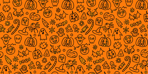 Whimsical halloween pattern with cute hand drawn pumpkins ghosts bats spiders and candies on orange background