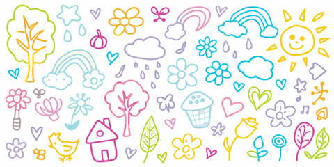 Whimsical hand drawn doodles featuring nature elements and sweet treats for children