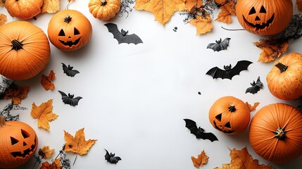 Halloween Decor with Jack - O - Lanterns, Bats and Autumn Leaves on White Background
