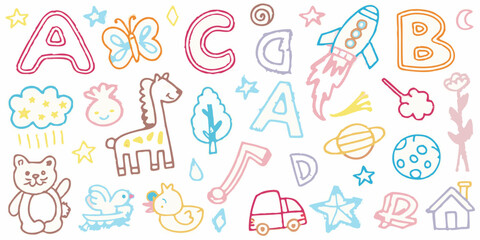 Collection of hand drawn colorful doodles featuring letters animals objects and shapes for children education and design