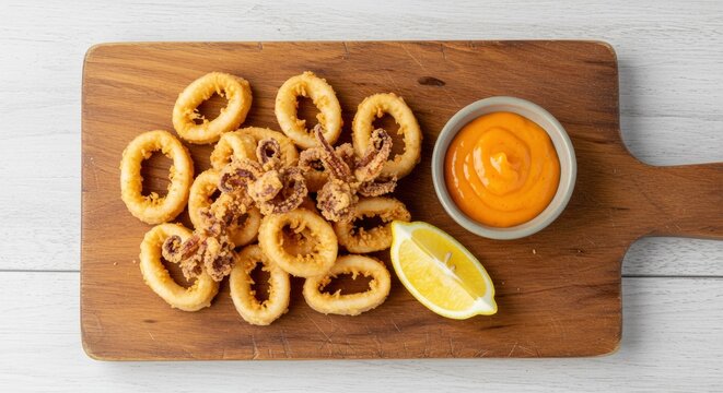 Golden Fried Calamari Rings with Spicy Sauce and Lemon Wedge on Wooden Board