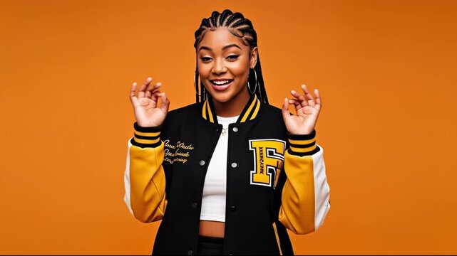 Young woman with braided hair wearing a varsity jacket and white top, smiling and making peace signs with both hands against an orange background