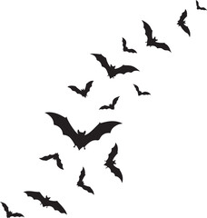 Fototapeta premium Silhouette Flight: A multitude of bats, in perfect unison, take flight against a backdrop of a clear sky. Capturing their eerie beauty and the mysterious allure of the night.