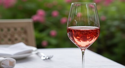 A Glistening Glass of Ros? Wine on an Elegant Alfresco Table in a Lush Garden.