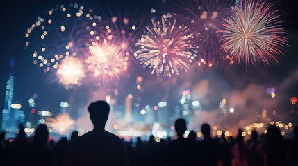 Silhouetted crowd watches a breathtaking fireworks display over the city skyline, creating a magical atmosphere of celebration and wonder in the night