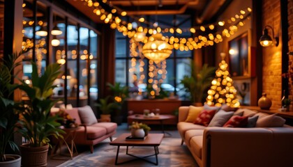 Obraz premium Cozy Living Room with Christmas Lights