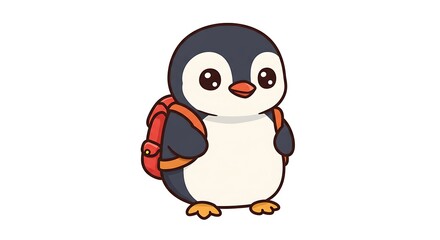 Adorable Cartoon Penguin with Backpack, Ready for Adventure, Isolated on White Background.