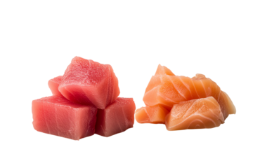 Fresh cuts of tuna and salmon on a white isolated background, perfect for culinary or seafood-related projects.