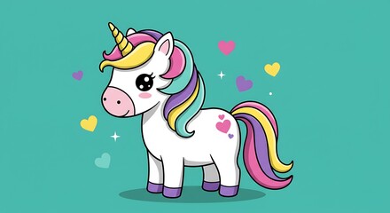 Fototapeta premium Adorable Cartoon Unicorn with Colorful Mane and Tail, Cute and Playful Design.