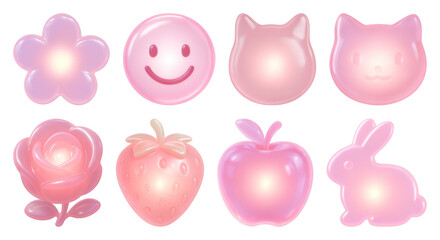 Glossy pink kawaii icons collection.