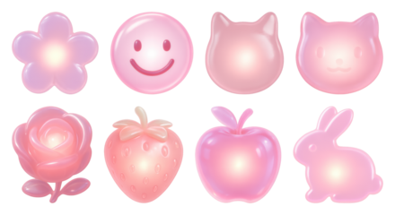 Glossy pink kawaii icons collection.