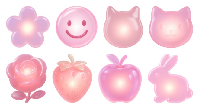 Glossy pink kawaii icons collection.