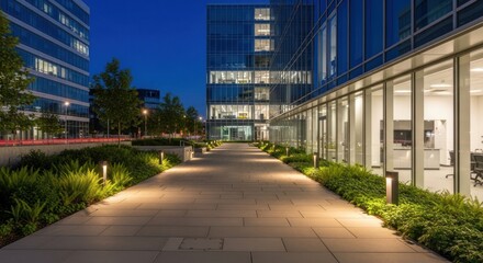 Obraz premium Modern office complex pathway at dusk, illuminated by warm ambient light.