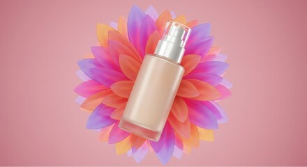 Skincare bottle with abstract flower petals surrounding it in mid-air