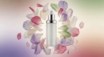 Skincare bottle with abstract flower petals surrounding it in mid-air