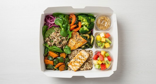 Healthy Gourmet Meal Box: Grilled Salmon, Fresh Vegetables, and Fruits, Overhead View.