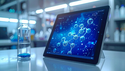 Tablet in Laboratory: A state-of-the-art tablet displaying a complex molecular structure stands prominently on a pristine laboratory table, flanked by a glass vial filled with scientific solutions.