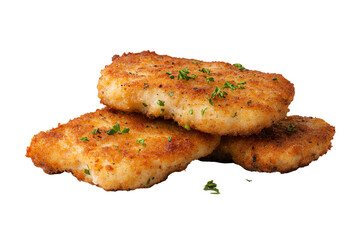 Golden crispy fried patties garnished with herbs on a white background, ideal for recipe or menu showcases.