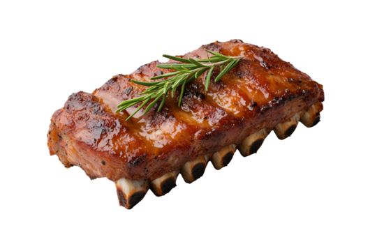 Grilled pork ribs with rosemary on a white isolate background, ideal for culinary presentations.