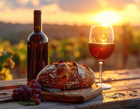 Bottle Of Red Wine With Bread And Grapes on Table In Sunset Vineyard