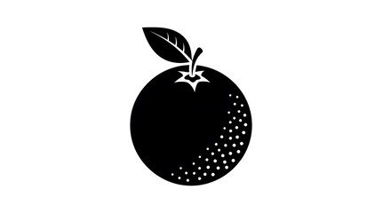 Black and white vector icon of an orange fruit with a leaf.