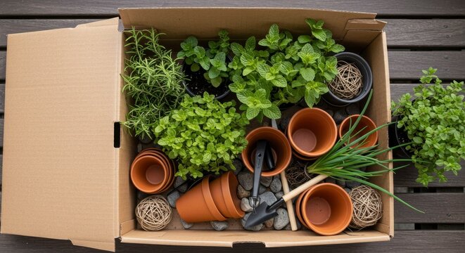 Herb Garden Starter Kit: Fresh Herbs, Pots, and Tools in Cardboard Box