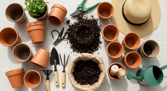 Home gardening and planting essentials flat lay on a tabletop