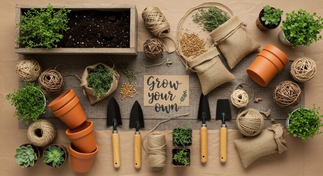 Home Gardening Concept with Tools, Seeds, and Plants on a Rustic Wooden Background