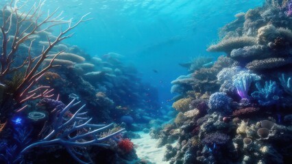 Naklejka premium Vibrant coral reef scene, sunlight penetrates the turquoise water, showcasing diverse coral formations and marine life