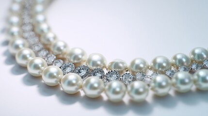 Obraz premium Close-up of a pearl and diamond necklace, featuring multiple rows of lustrous pearls interspersed with sparkling diamond accents