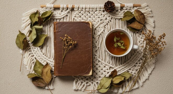 Hygge Lifestyle with an Old Book and Hot Herbal Tea