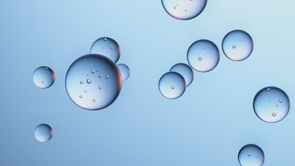 3D render of scientific transparent orbs with gas pockets. Abstract floating bubbles