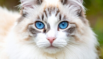 Fototapeta premium Enchanting Gaze of a Ragdoll Cat: Captivating portrait of a Ragdoll cat, eyes shimmering like sapphire jewels.