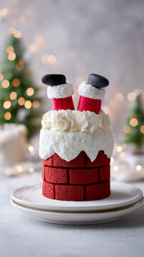 Christmas cake decorated as Santa Claus stuck in chimney with whipped cream and festive background