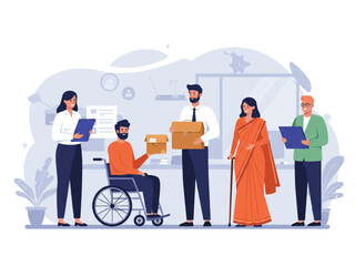 Diverse Business Team with Disabled and Senior Workers in Inclusive Workplace Concept Illustration