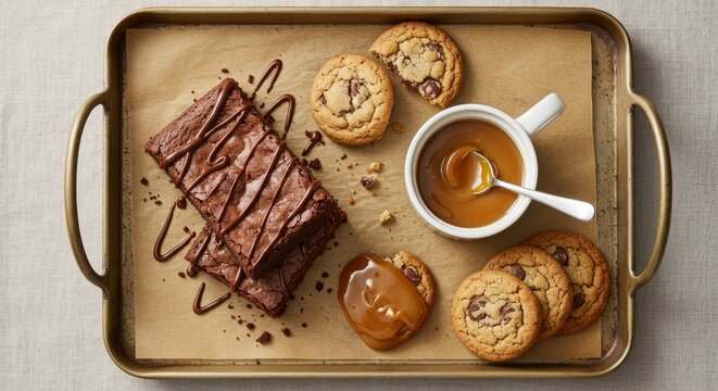 Indulgent dessert tray with chocolate brownies, cookies, and caramel sauce.