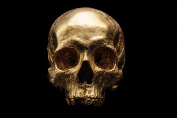 Detailed Golden Human Skull on Black Background -  Memento Mori Still Life, Gothic Art, Dark Aesthetics, Halloween Decoration