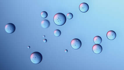 Floating water or gel bubbles isolated on light blue background. Minimalist 3D render