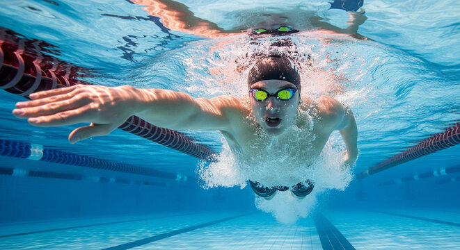 Focused young white male swimmer captured underwater mid-stroke in a professional swimming pool, wearing goggles and swim cap 2