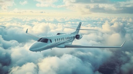 Obraz premium an exclusive private jet soaring through the clouds, with views of scenic mountains or oceans in the distance, high resolution, blur background