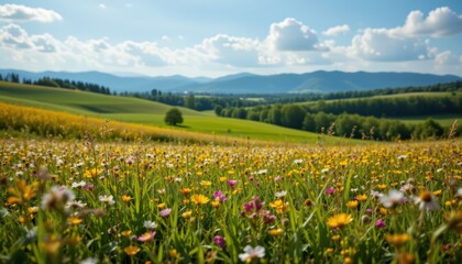 Obraz premium Meadow of Wildflowers with Mountain Backdrop