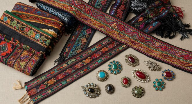 Intricate Textile and Jewelry Display: Colorful Patterns and Ornate Brooches