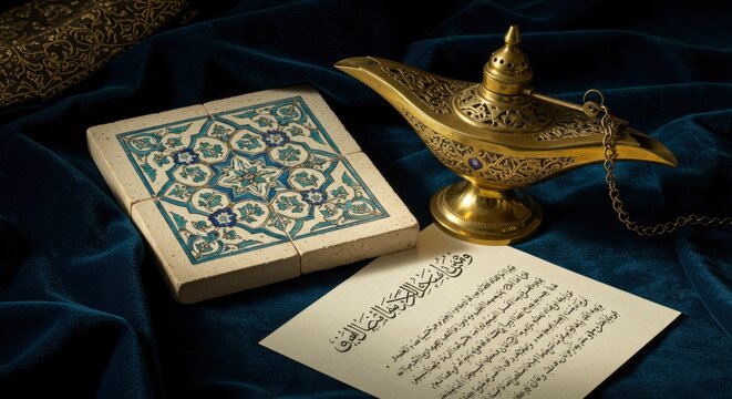 Islamic Cultural Still Life with Ornate Golden Lamp and Calligraphy