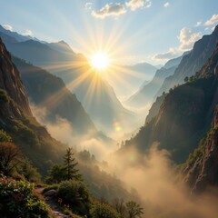 Fototapeta premium Mountain Valley Sunrise with Fog