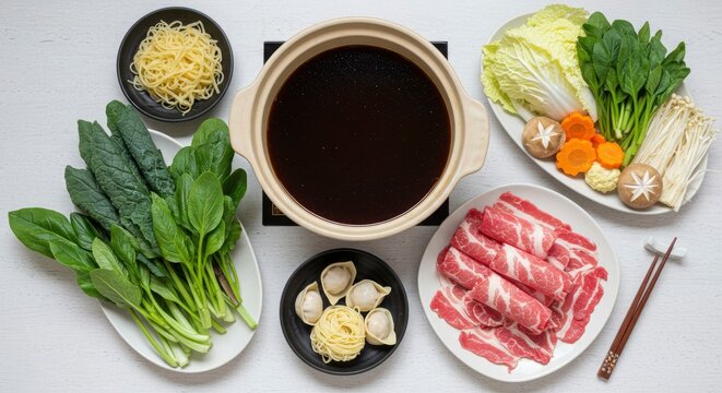 Japanese Shabu-Shabu or Sukiyaki Hot Pot with Fresh Ingredients