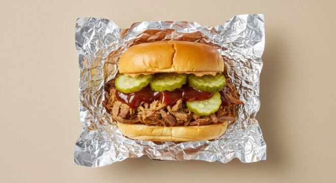 Juicy Pulled Pork Barbecue Sandwich with Pickles on Foil