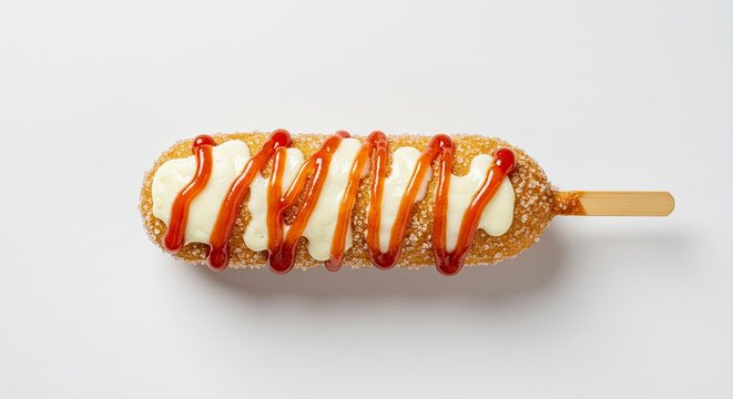 Korean Corn Dog with Sugar Coating, Ketchup, and Mayonnaise on a White Background