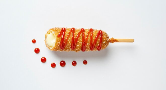 Korean Mozzarella Cheese Corn Dog with Sugar and Ketchup on a White Background