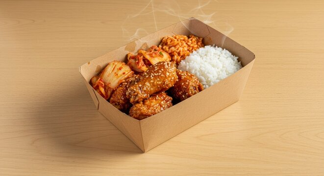 Korean Fried Chicken Lunch Box with Steamed Rice and Kimchi