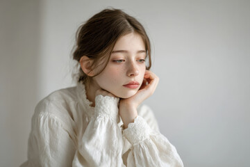 young girl with distant gaze and slumped shoulders lost in her thoughts